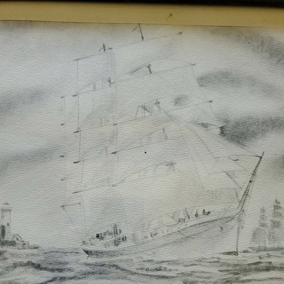 Framed Print Clipper Ships and Lighthouse Scene Pencil Drawing 12" x 14" Glass - Picture 4 of 8